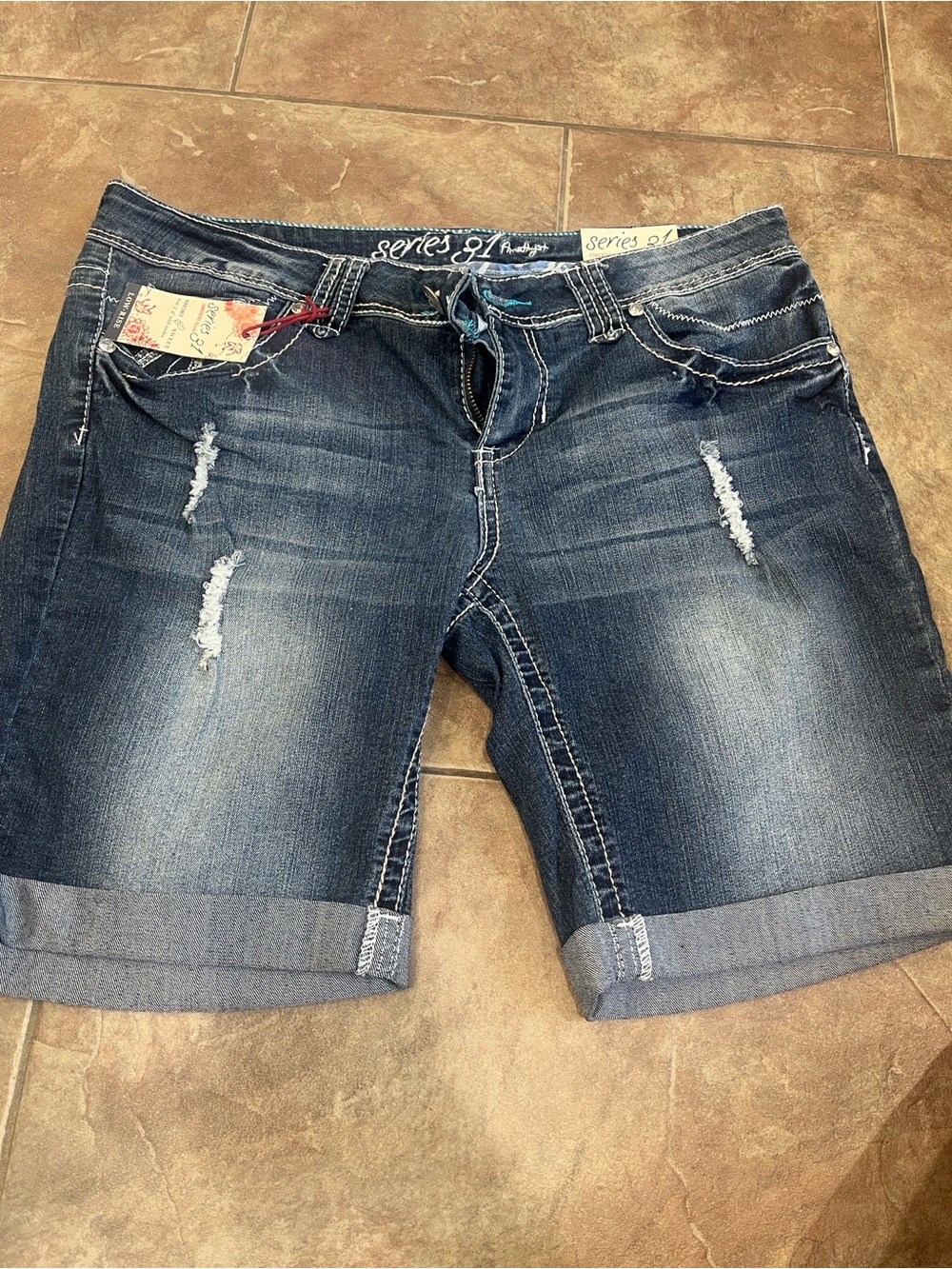 Series 31 Dark Blue Distressed Roll-Cuff Denim Shorts